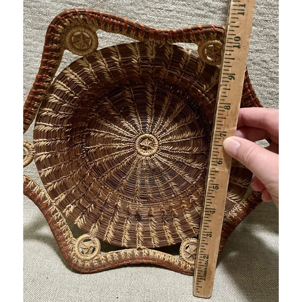 Vtg Coiled Pine Needle Basket 6 Sided Sunburst Scalloped Hexagonal Rim 3 Tone